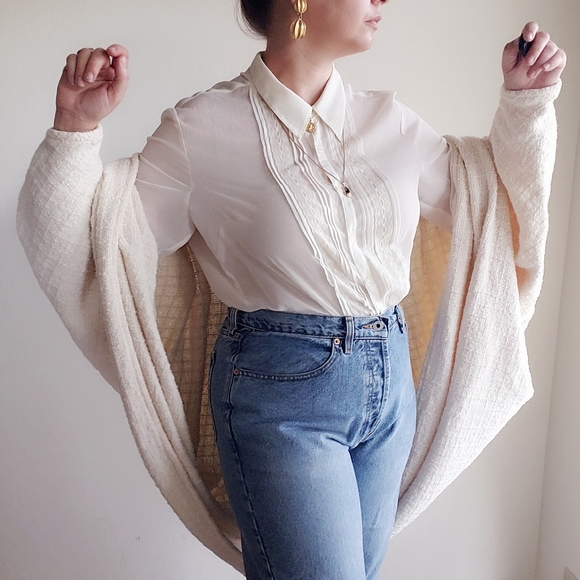 Vintage Gauzy Sheer Cream Blouse 90's Button Down - Picture 6 of 12